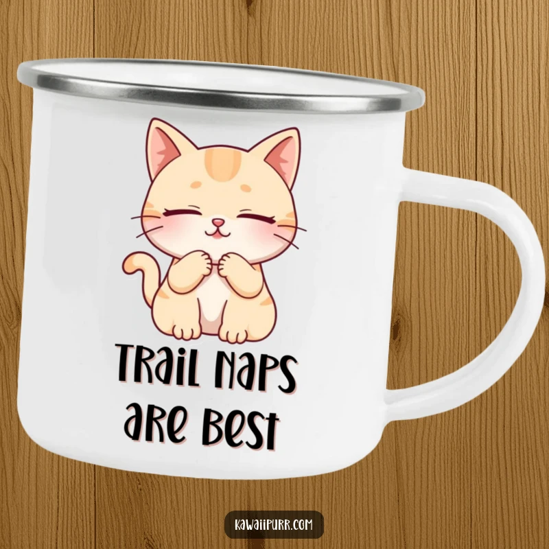 Funny cat character purring with eyes closed, ready for adventure on a durable camping mug.