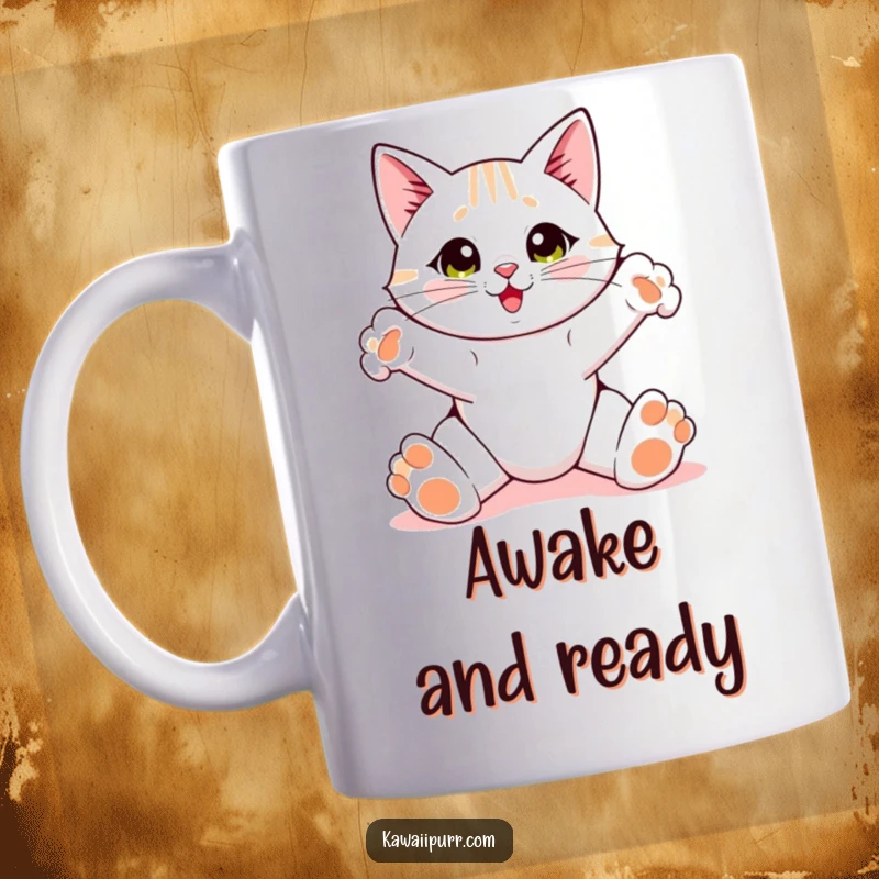 Funny Cat Mug, a cat dramatically stretching its body with its front paws spread wide.