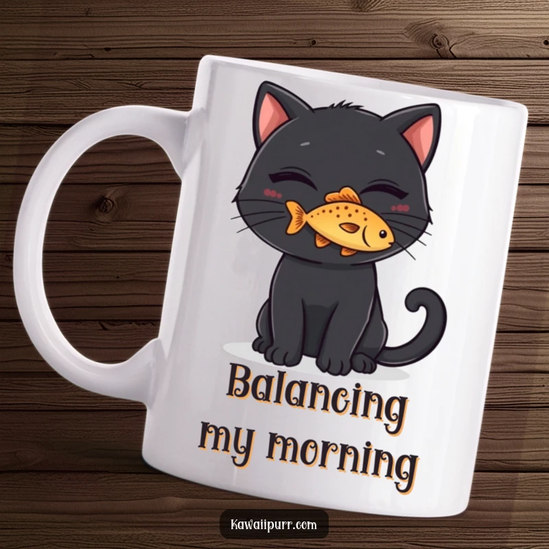 Funny Mug: A black cat with a mischievous grin expertly balancing a tiny fish on its nose, showcasing playful cunning.