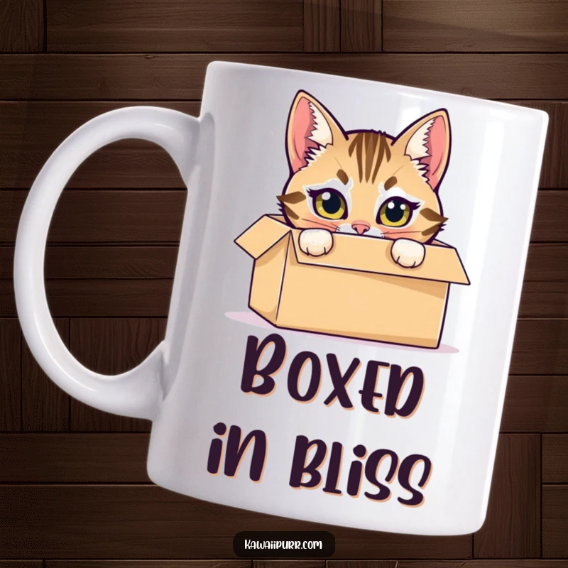 Funny mug of a mischievous tabby cat hiding inside a cardboard box, peeking out with bright, curious eyes.