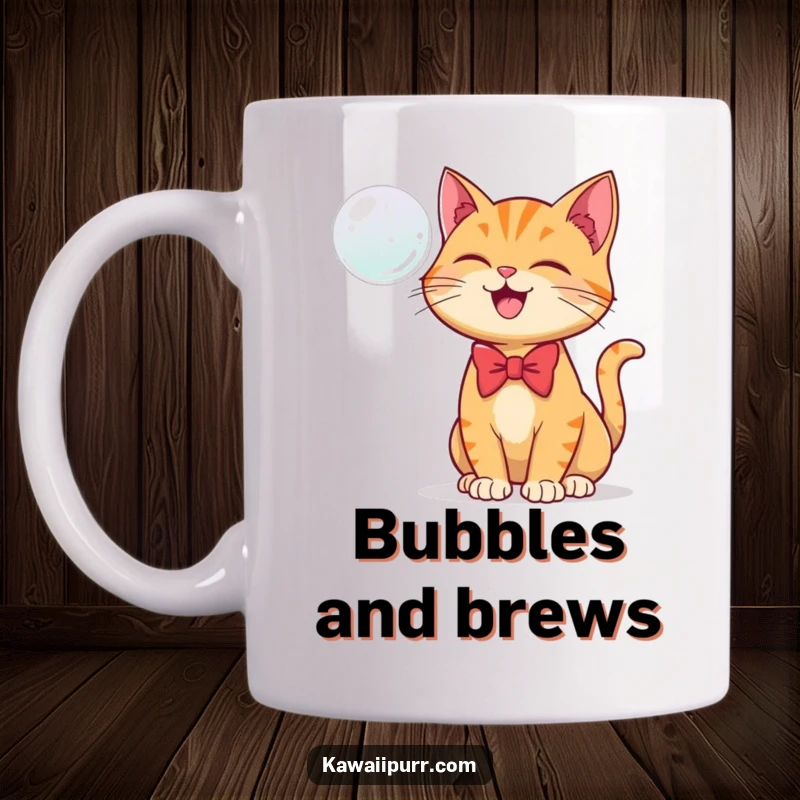 Funny mug featuring a ginger cat wearing a tiny bowtie, joyfully batting at a floating bubble.