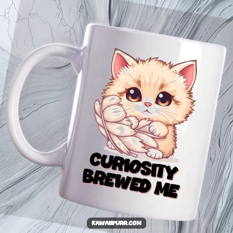Funny Mug: Fluffy cat with wide, curious eyes peeking from behind a large shimmering feather, embodying playful wonder.