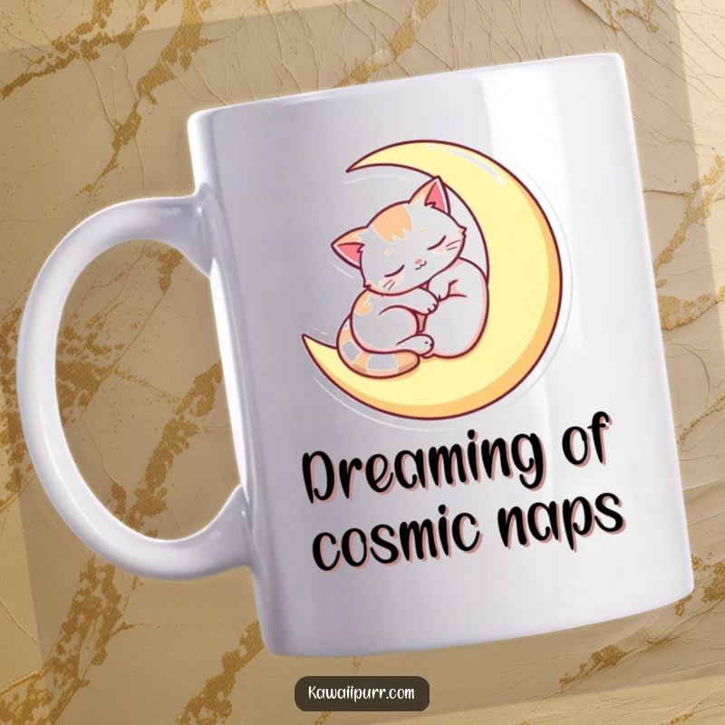 Funny mug featuring a cute, sleepy cat curled up comfortably on a glowing crescent moon, evoking peace and nighttime dreams.