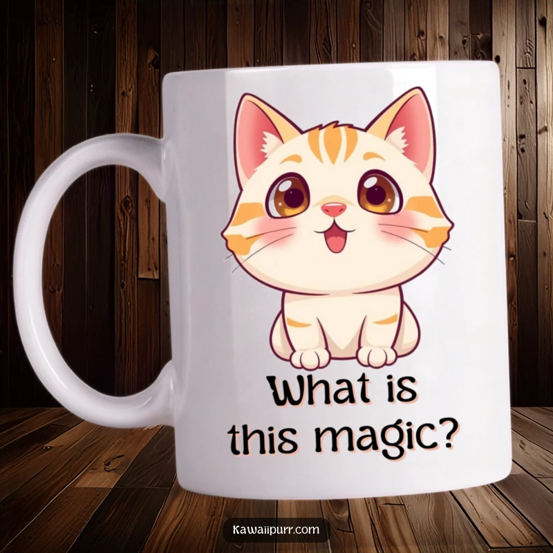 Funny cat character looking upwards with large, wide, excited eyes, full of anticipation on a mug.