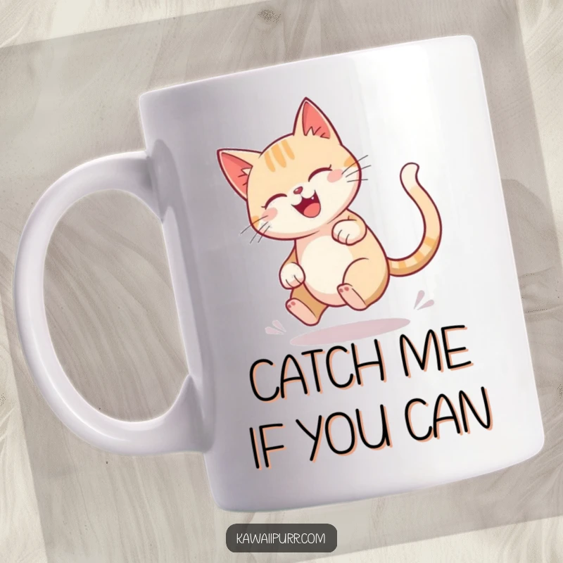 Funny cat mug showing a character joyfully chasing its tail in a dizzying circle with a slight blur.