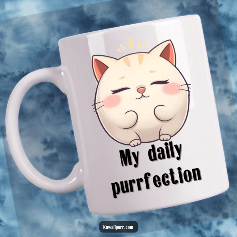 Funny Mug: Plump cat character with closed eyes, radiating a soft vibrating aura of peace and relaxation.