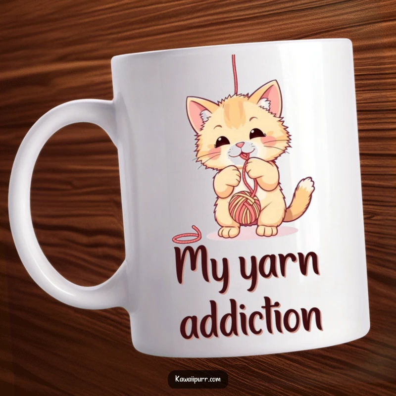 Funny fuzzy cat mug, playfully batting at a dangling ball of yarn with a mischievous expression, embodying feline fun.