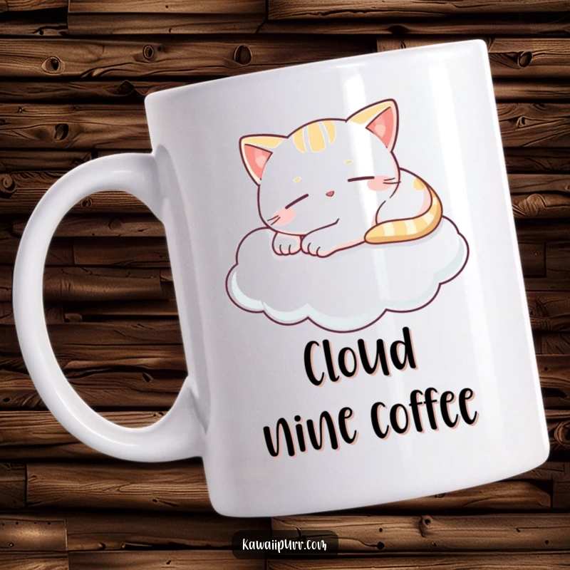 Funny mug showcasing a content kawaii cat napping peacefully on a fluffy cloud, with a serene smile, radiating ultimate relaxation and cuteness.