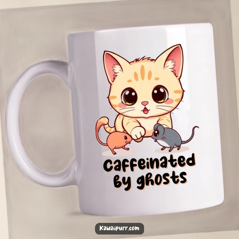 Funny mug featuring a kawaii cat with wide, shocked eyes, hilariously giving chase to a translucent, spectral mouse in a playful pursuit.