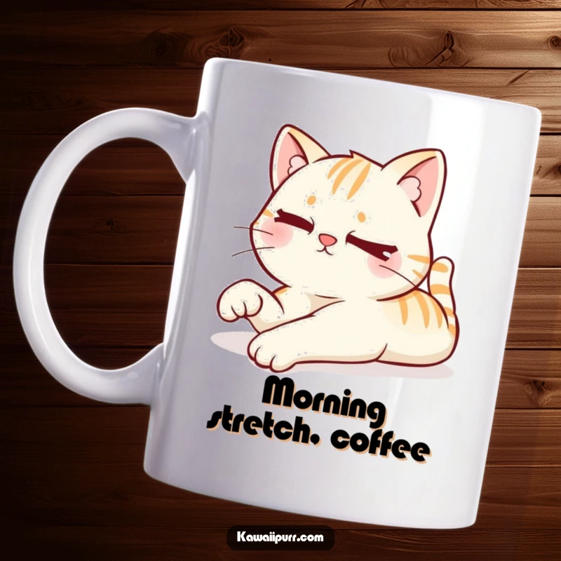 Funny mug showcasing a cute kawaii cat stretching languidly, giving a sly, mischievous wink, embodying relaxed humor and playful charm.