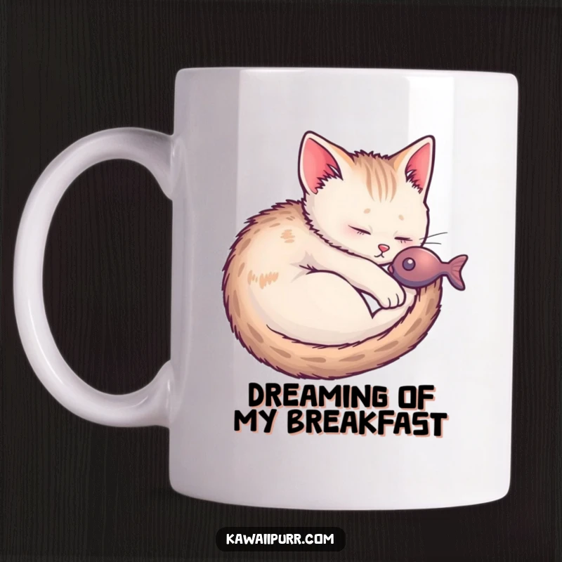 Funny Kitten Fish Dream Mug showing a cute kitten curled up asleep, blissfully dreaming of tasty fish.