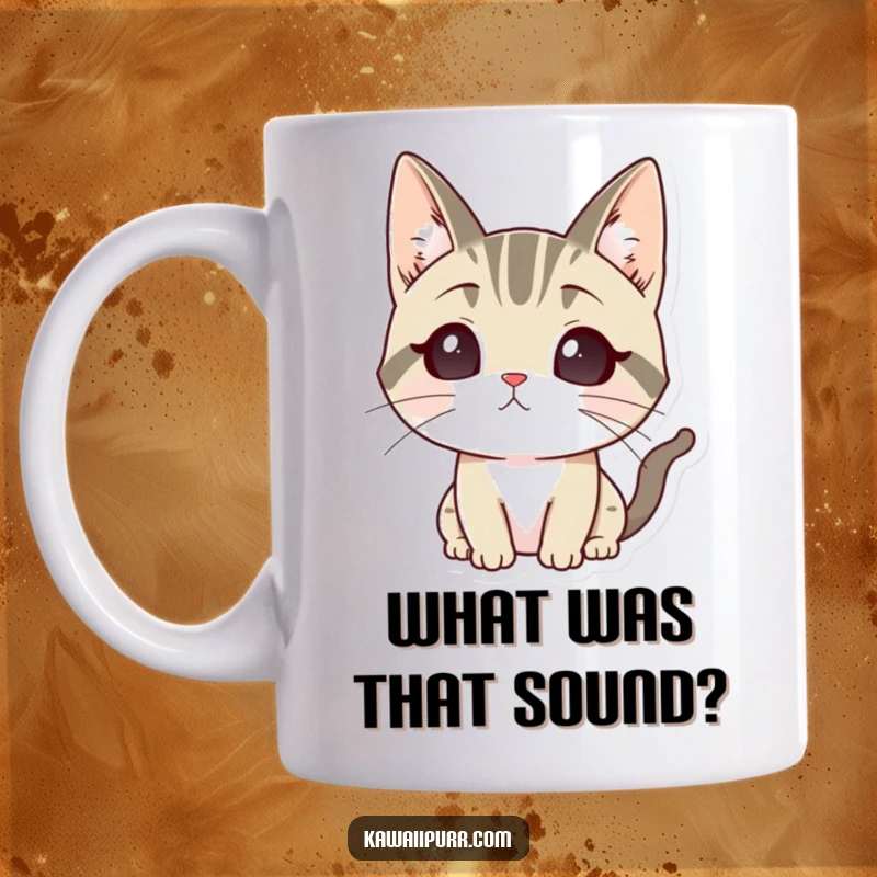 Funny mug with a cartoon cat character with its ears perked high, listening intently with focused, curious eyes.