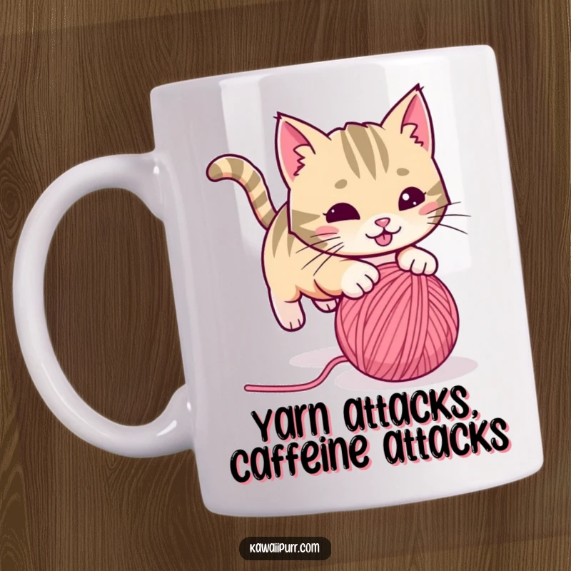 Funny playful cat with a twitching tail, pouncing on a rolling ball of yarn, on a ceramic mug. Energetic and humorous feline design.