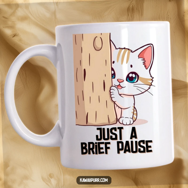 Funny Mug: Mischievous cat peeking slyly from behind a scratching post, embodying playful destruction and feline secrets.