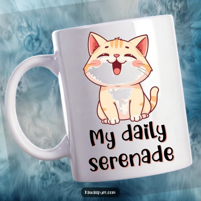 Funny Cat Mug: A cartoon cat is joyfully meowing upwards with its mouth wide open and ears forward in delight.