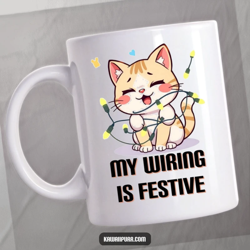 Funny kawaii cat tangled in Christmas lights, looking comically distressed, perfect for a holiday mug.