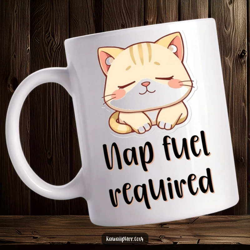 Funny mug featuring a sleepy cat character dozing peacefully with a blissful, contented smile. Radiates relaxation.