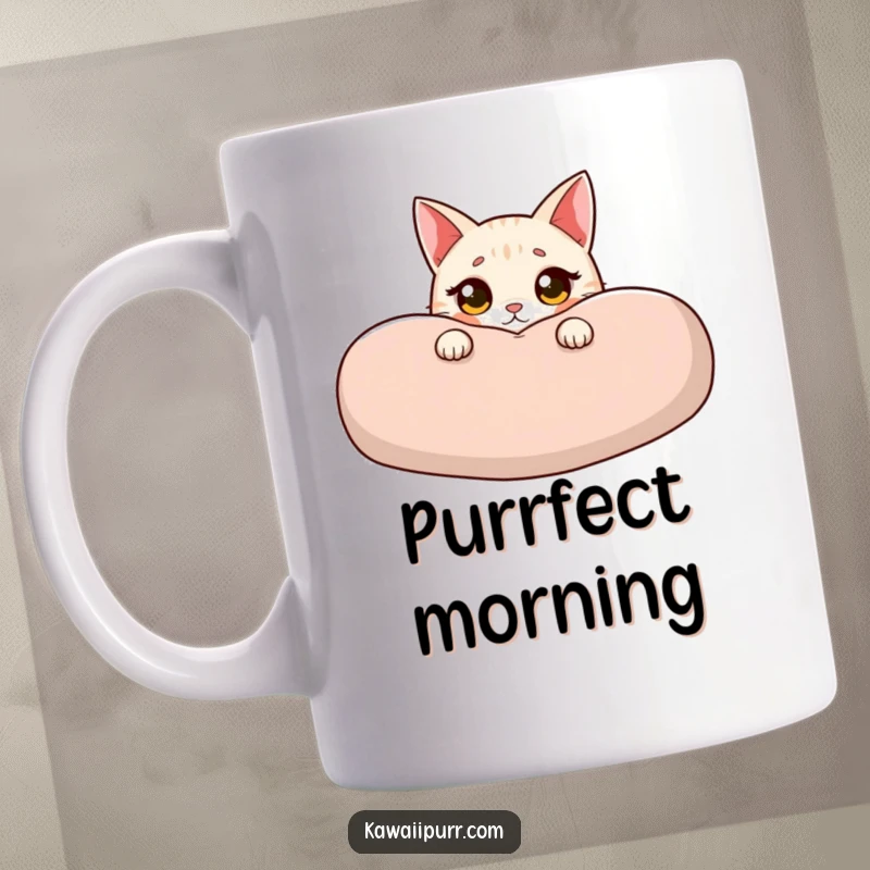 Funny cat mug featuring a cute character peeking from behind a large cushion with wide, innocent eyes and a blush, showing adorable mischief.