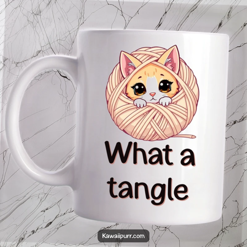 Funny cat mug featuring a curious feline peeking out from behind a large, colorful ball of yarn.