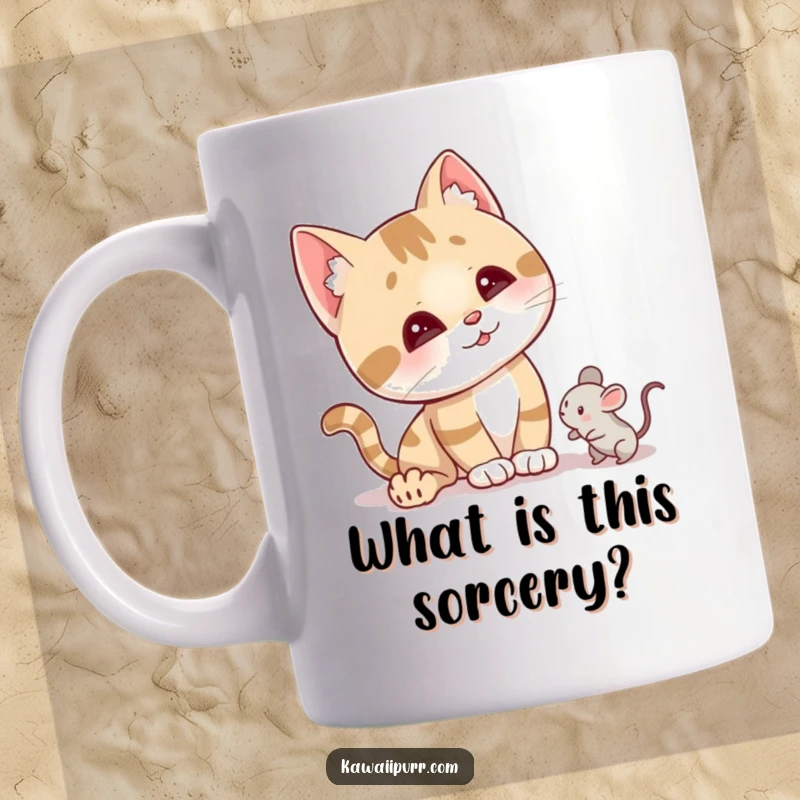 Funny curious cat mug with head tilted, ears perked, looking at a tiny mouse toy, full of playful wonder.