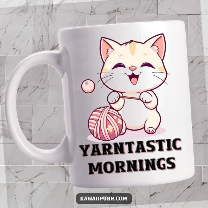 Funny kawaii cat excitedly batting a bouncing ball of yarn on a mug.