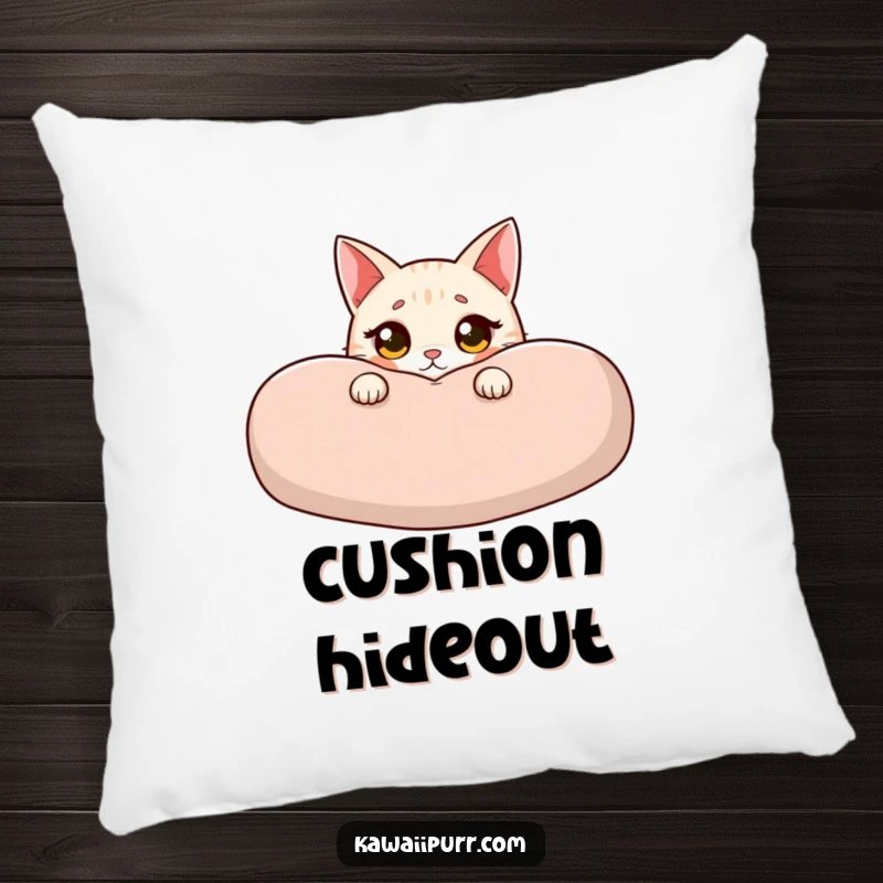 Funny cat pillow with an innocent cat peeking from behind a cushion, wide eyes and a blush providing comfort and a touch of adorable charm.