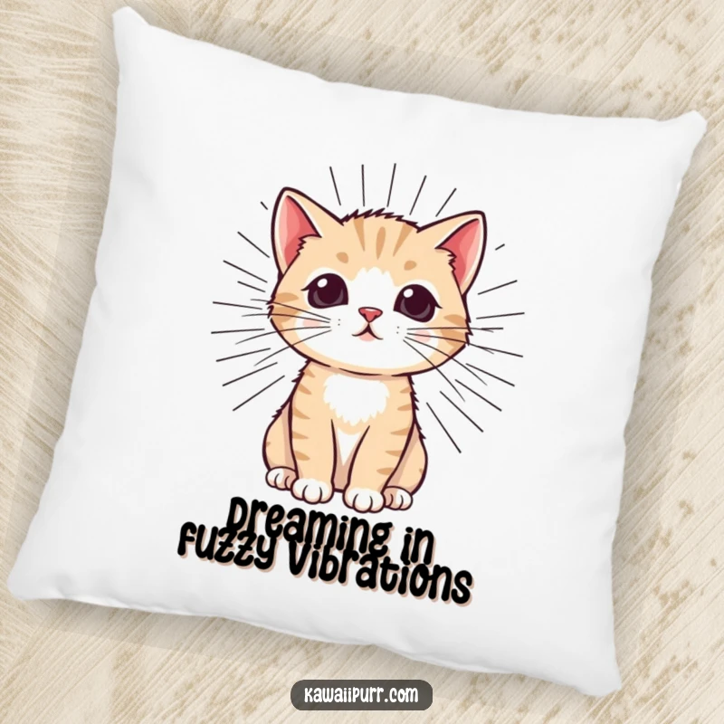 Funny Kitten Purr Pillow featuring a cute cat radiating exaggerated purr lines, offering comfort and a dose of feline humor.