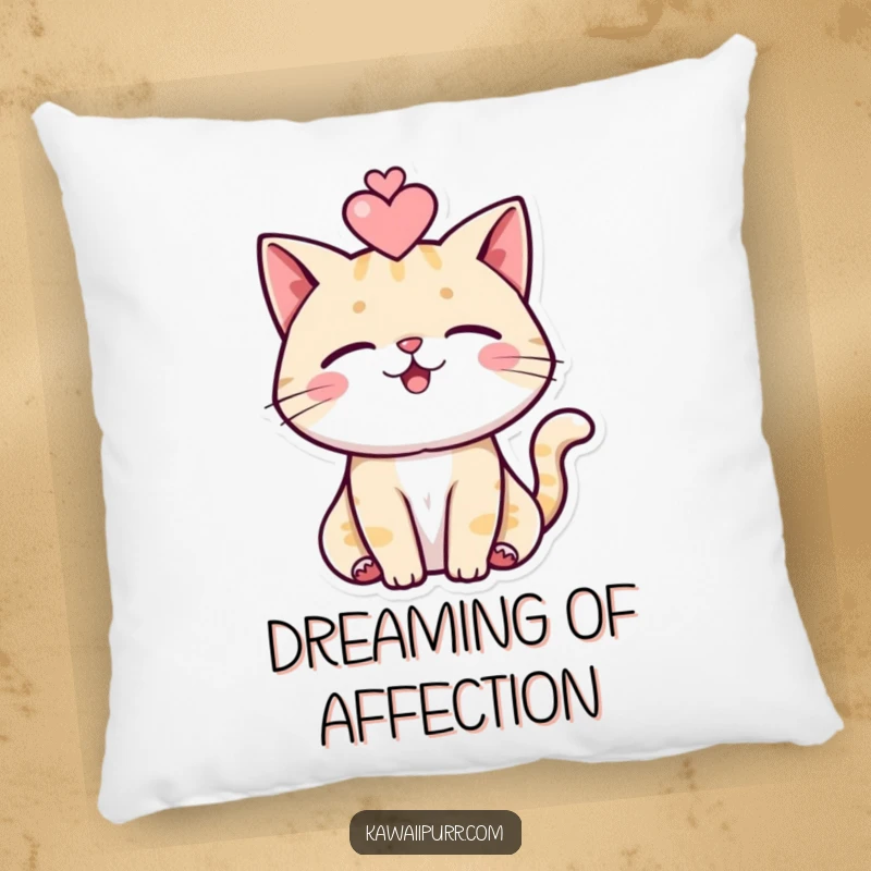 Funny decorative pillow featuring a purring cat character with a small heart floating above its head, adding charm.
