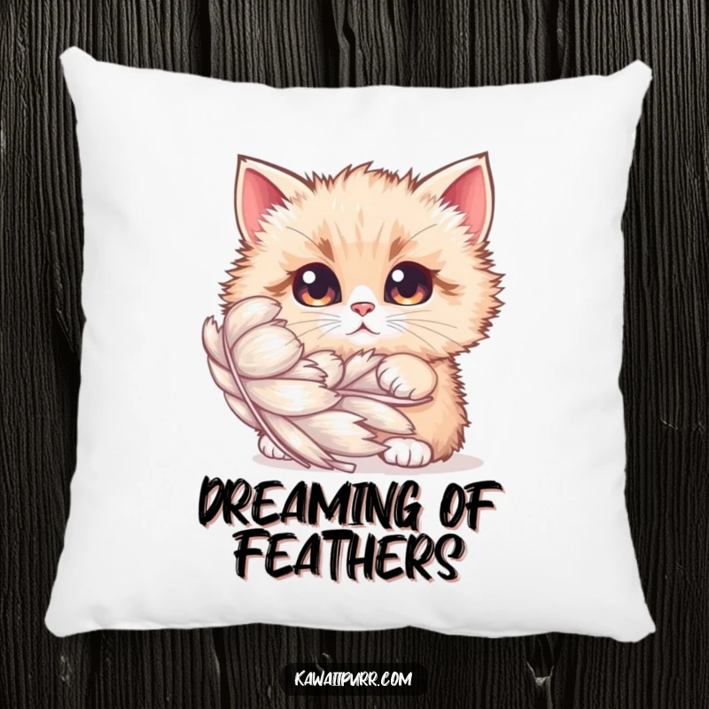 Funny Pillow: A fluffy cat with wide, curious eyes peeking from behind a big, shimmering feather, perfect for cozying up.