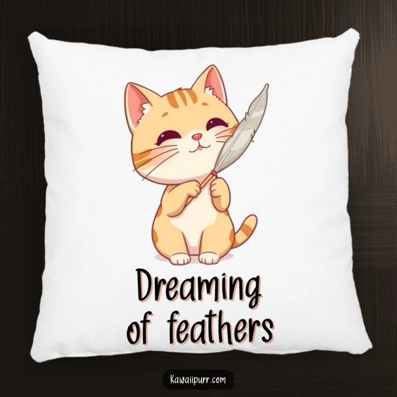 Funny cat character batting at a feather, embodying playful mischief on a soft pillow.