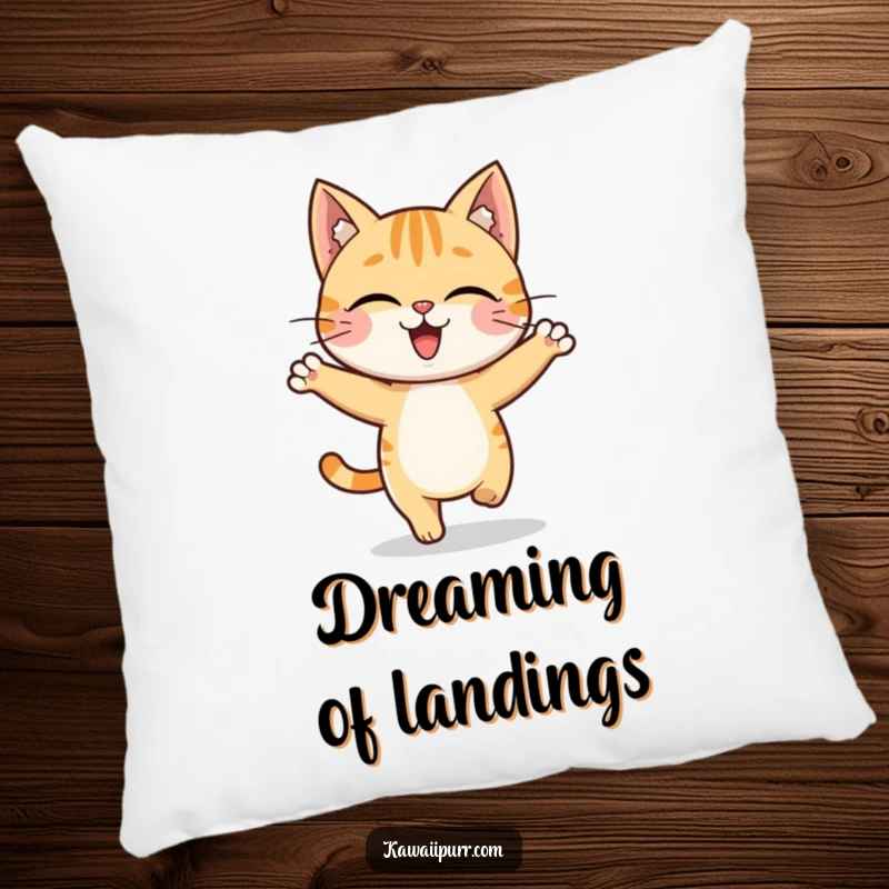 Funny cat character in a playful hop, embodying pure joy on a soft and cuddly pillow.