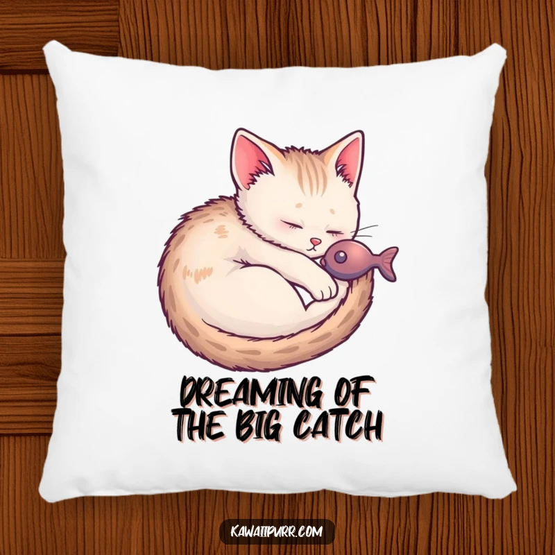 Funny Kitten Fish Dream Pillow featuring a sleeping kitten blissfully dreaming of fish, perfect for cozy comfort.