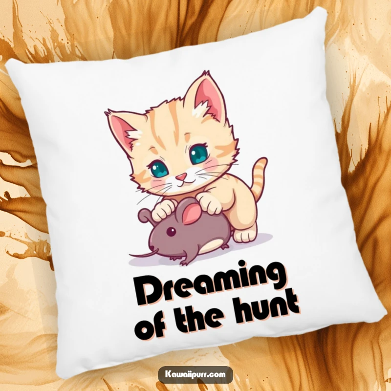 Funny kitten character playfully pouncing on a toy mouse, a soft and huggable cushion bringing humor and charm to any room.