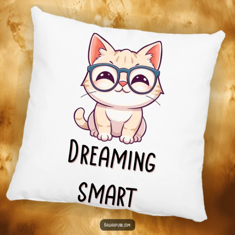 Funny kawaii cat wiggling ears, wearing oversized spectacles, resting on a pillow.