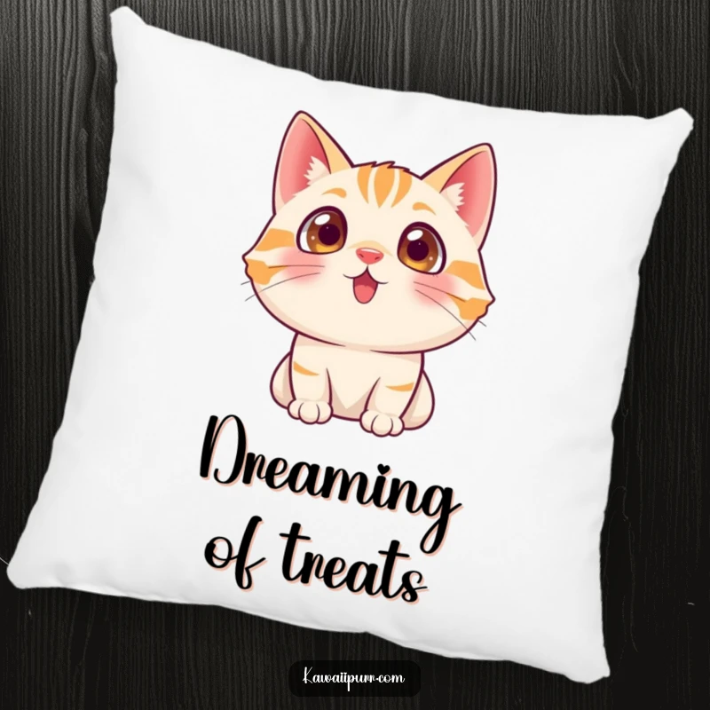 Funny cat character with wide, excited eyes looking up, representing wonder on a soft pillow.