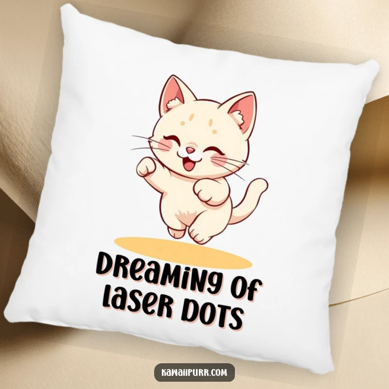Funny Pillow: Plush cushion featuring a playful kitty character energetically chasing a laser pointer dot, offering comfort and fun.