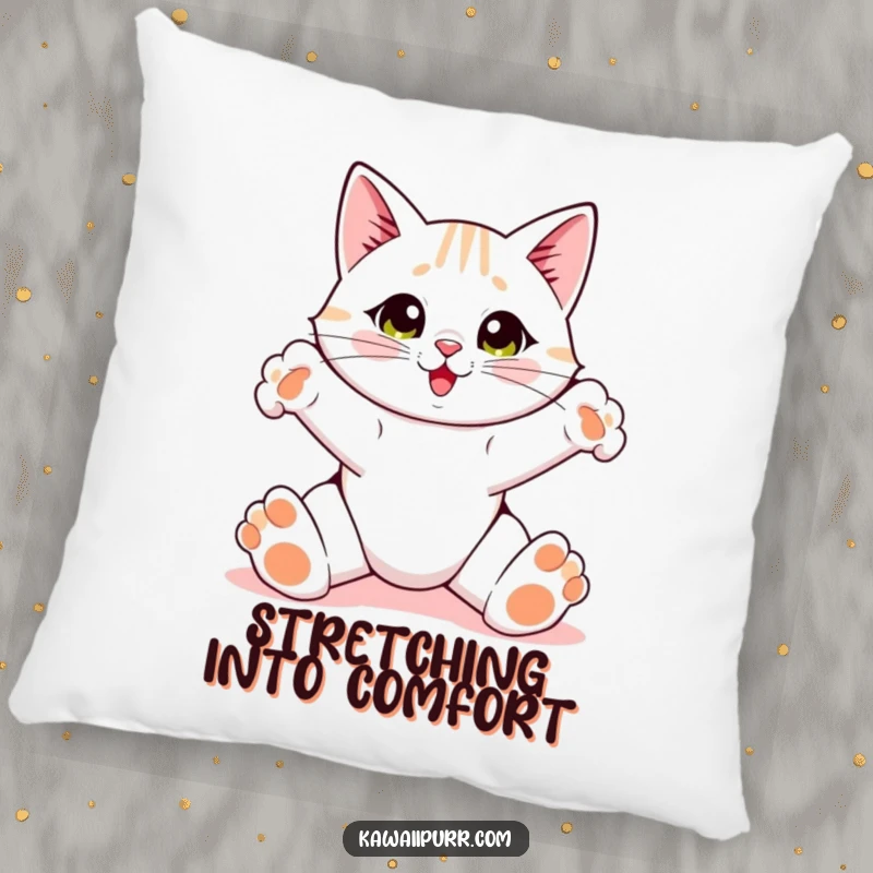 Funny Cat Pillow, a cute cat doing a big stretch with wide paws, soft and inviting.