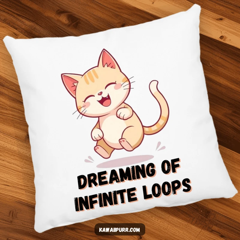 Funny cat pillow featuring a character joyfully and dizzyingly chasing its tail in a blurred circular motion.
