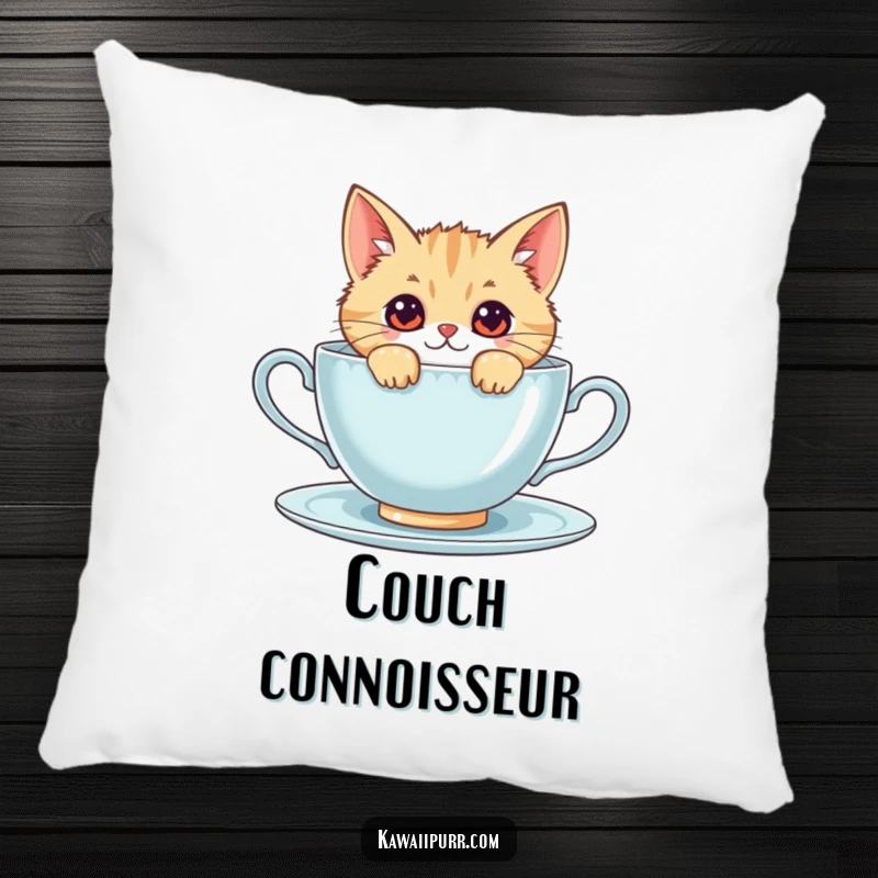 Funny kawaii cat peeking from behind a giant teacup, a soft and amusing pillow for decoration.