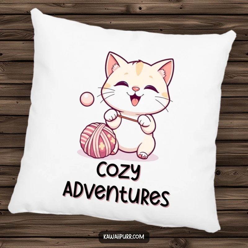 Funny kawaii cat excitedly batting a bouncing ball of yarn, resting on a pillow.
