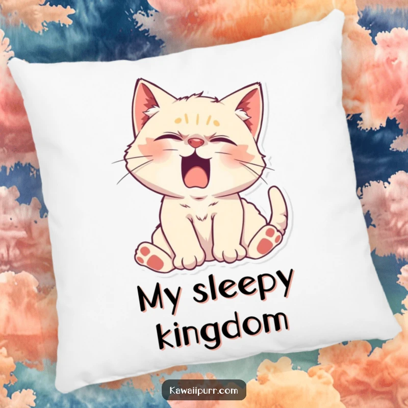 Funny Kitten Character stretching lazily with a yawn on a soft pillow, offering comfort and adorable sleepy vibes.