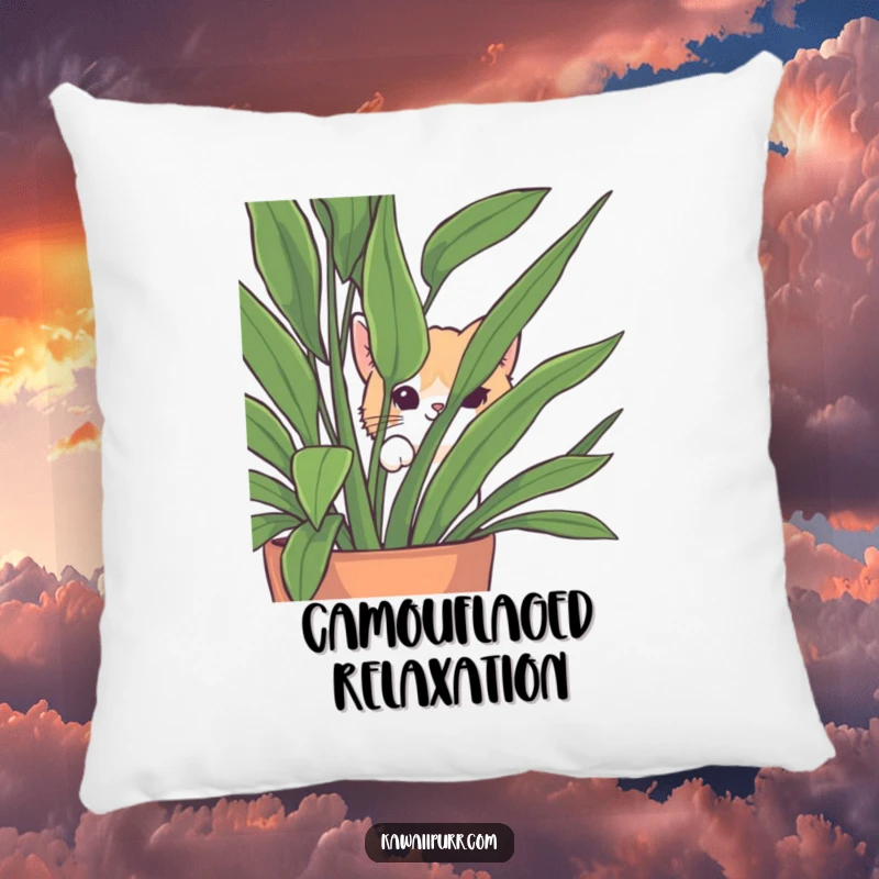 Funny Peek-a-Boo Cat Pillow showcasing a soft cat character playfully emerging from behind a houseplant, adding cozy charm.