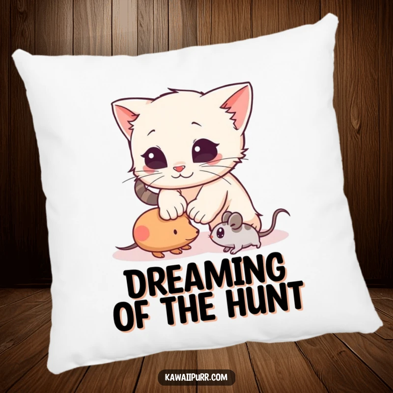 Funny Pillow featuring a playful kitten character mid-pounce on a toy mouse, offering soft comfort and humorous energy.