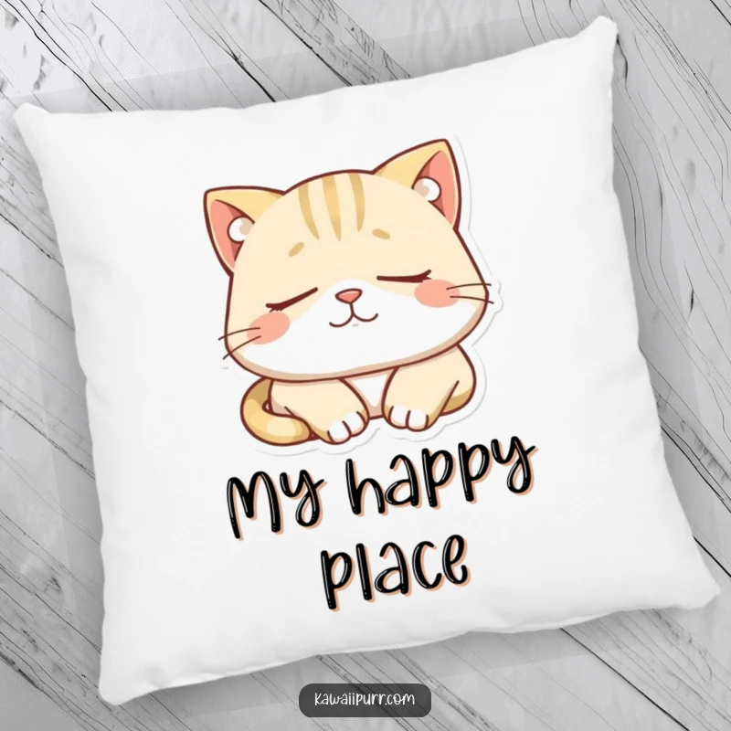 Funny pillow with a peacefully dozing cat character, wearing a large, contented smile. Ideal for cozy relaxation.