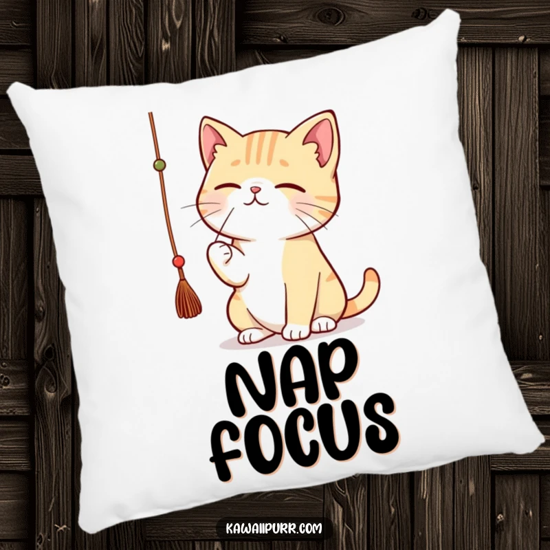 Funny kawaii cat batting a dangling string with great concentration, resting on a pillow.