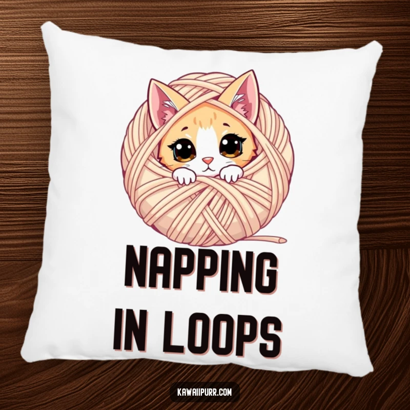 Funny decorative pillow featuring a curious cat peeking out from behind a ball of yarn, adding charm.