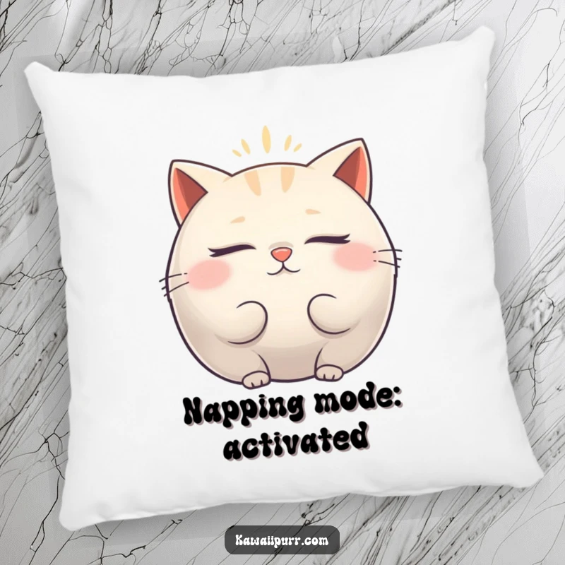 Funny Pillow: Plush cushion featuring a plump cat character with closed eyes, emitting a peaceful vibrating aura.