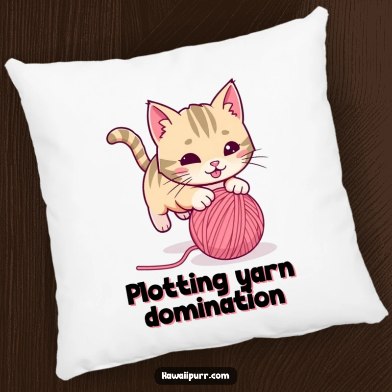Funny playful cat with a twitching tail, pouncing on a rolling ball of yarn, as a decorative pillow. Soft, humorous, and playful home accent.