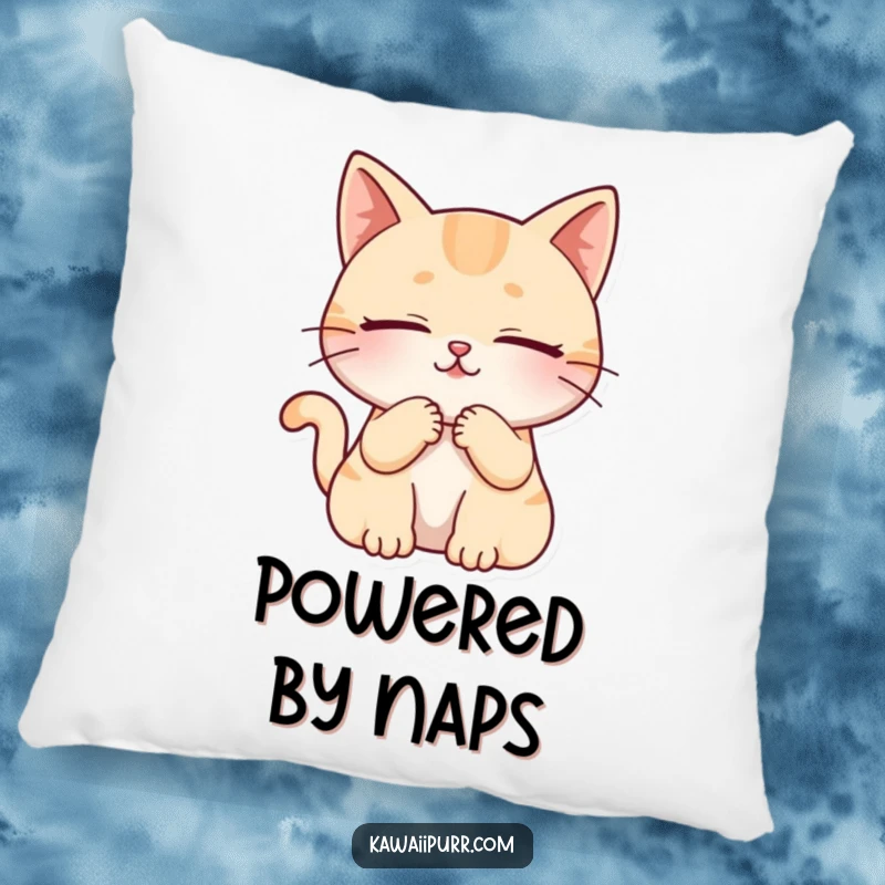 Funny cat character enjoying a deep purr with eyes closed, depicted on a soft and squishy pillow.