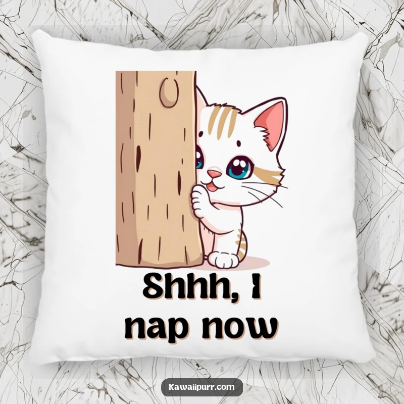Funny Pillow: A mischievous cat is captured hiding behind a scratching post, adding humor to any cozy space.